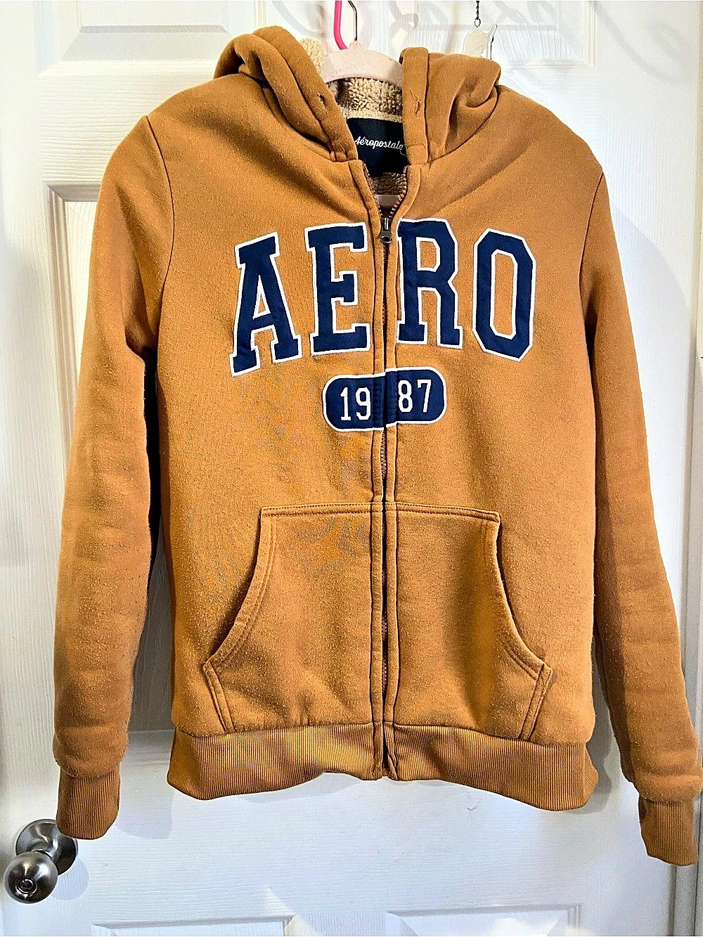 Aeropostale Aero 1987 Sherpa Lined Zip-Up Hoodie Brown Medium